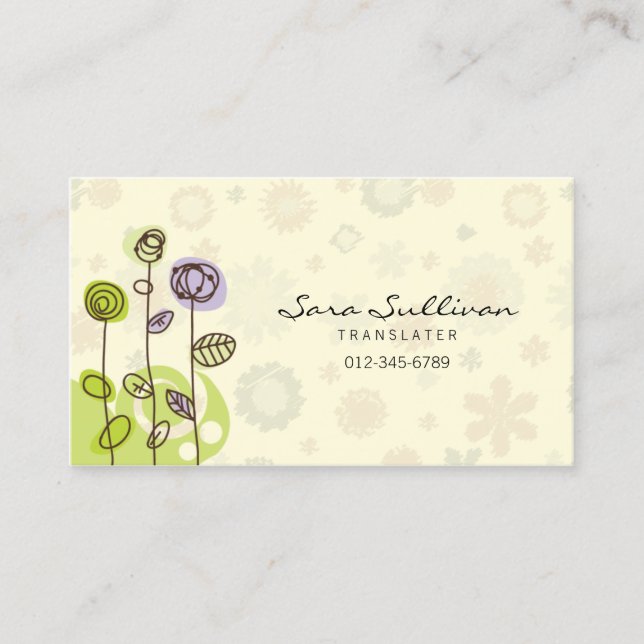 Translator Business Card Doodle Line Flowers (Front)