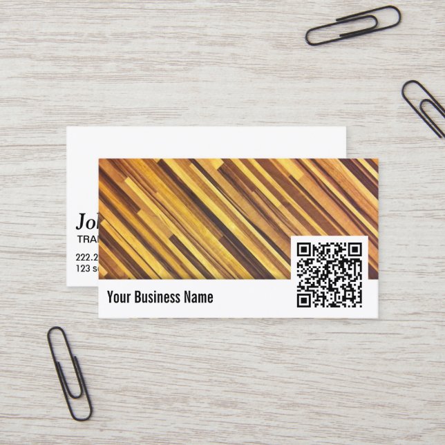 Translator Elegant Wood Background QR Code Business Card (Front/Back In Situ)