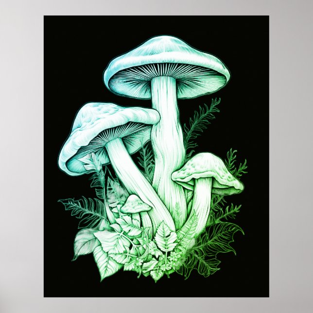 Translucent Green Mushrooms Black Background Wall Poster (Front)