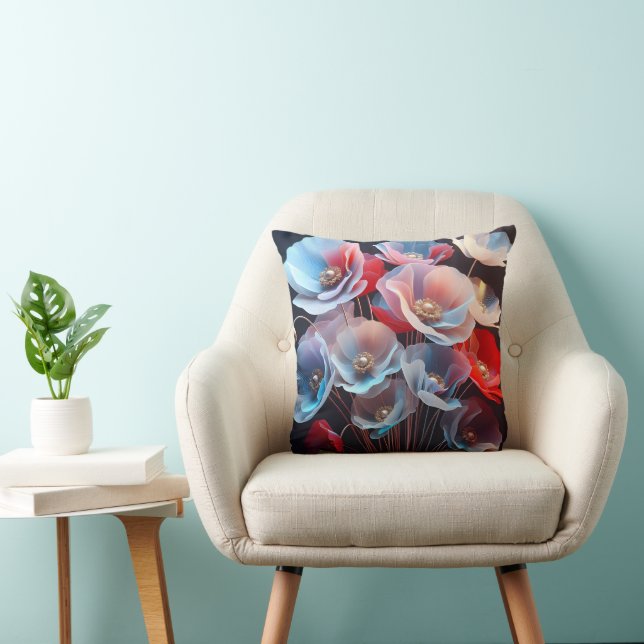 Translucent Poppies On Black Throw Pillow (Chair)