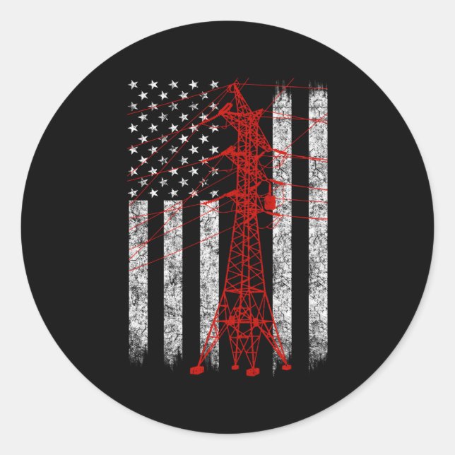 Transmission Tower American Flag Line Classic Round Sticker (Front)