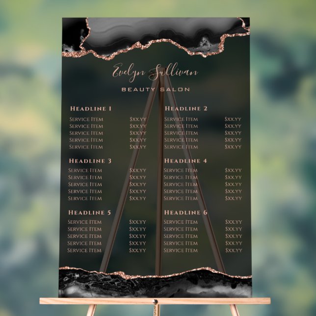Transparent Black and Rose Gold Agate Price List Acrylic Sign (Neutral)