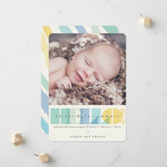 Transparent Blue 'HELLO' Typography Photo Birth Announcement (Front/Back In Situ)