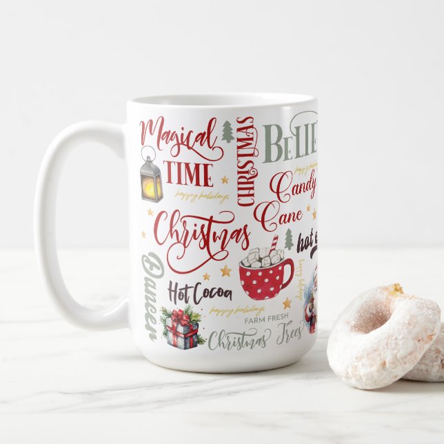 Transparent Collage with Santa, Cocoa & Lanterns Coffee Mug (With Donut)