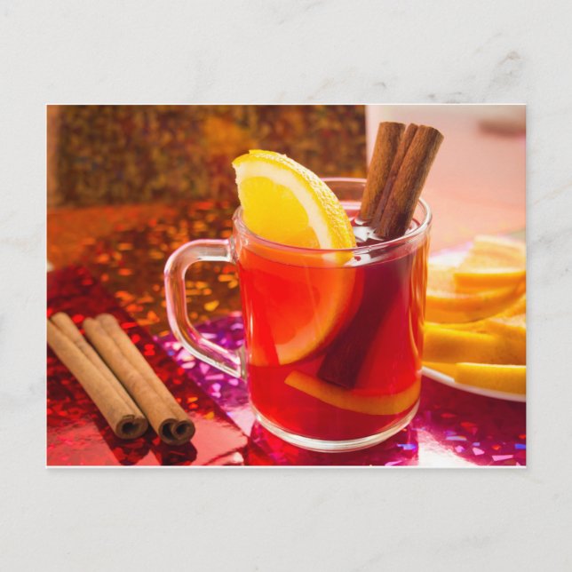 Transparent cup of tea with citrus and cinnamon postcard (Front)