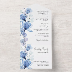 Transparent Dusty Blue Floral Monogram Wedding All In One Invitation