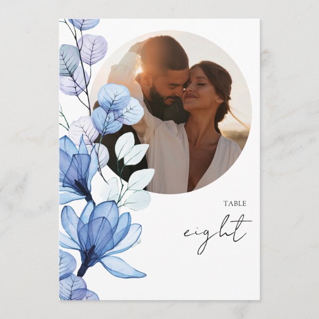 Transparent Dusty Blue Floral Photo Table Number (Front)