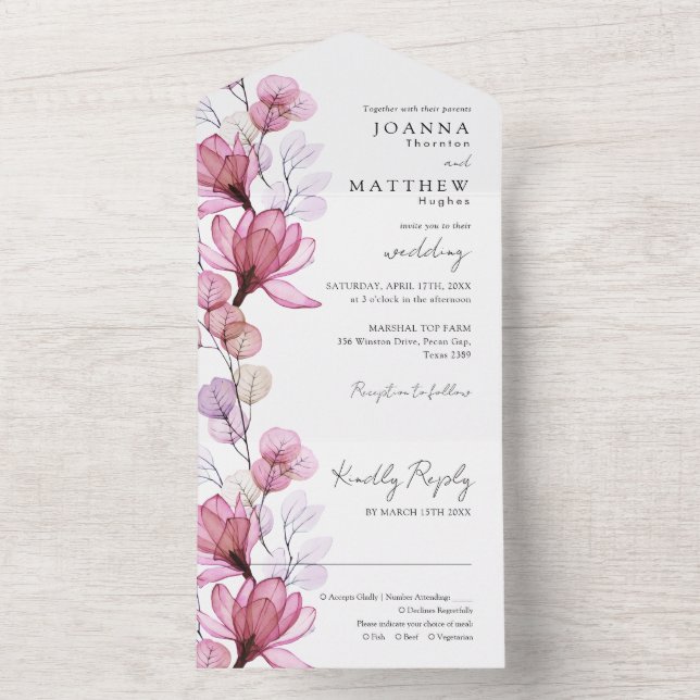 Transparent Dusty Rose Floral Monogram Wedding All In One Invitation (Inside)