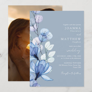 Transparent Floral Photo Dusty Blue Wedding Invitation