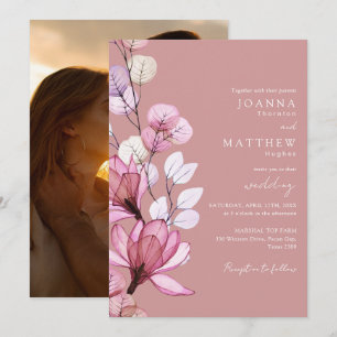 Transparent Floral Photo Dusty Rose Wedding Invitation