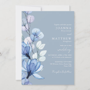 Transparent Floral QR Code Dusty Blue Wedding Invitation