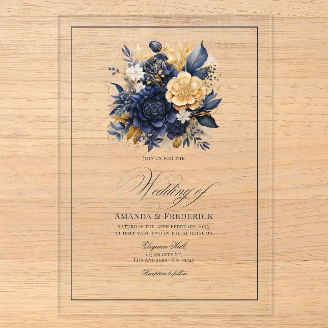Transparent Navy Blue and Gold Floral Wedding Acrylic Invitations (Front)