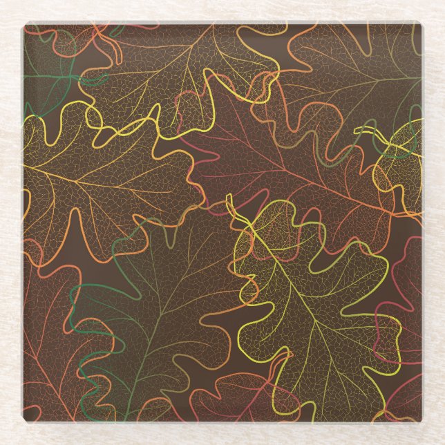 Transparent Oak Leaves, Autumn Pattern. Glass Coaster (Front)