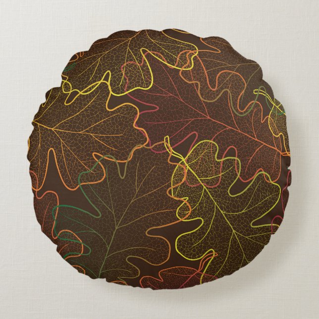 Transparent Oak Leaves, Autumn Pattern. Round Pillow (Front)