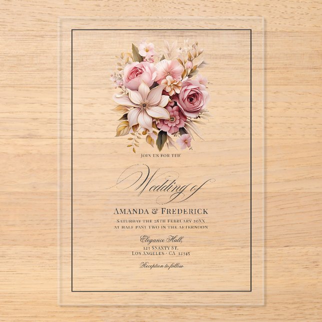 Transparent Pink and Gold Floral Wedding Acrylic Invitations (Front)