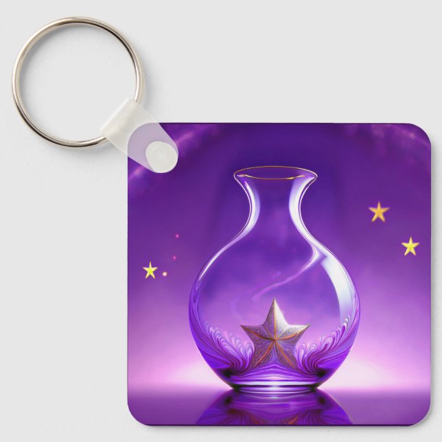 Transparent Purple Vase With Star All Under Dome Keychain (Front)