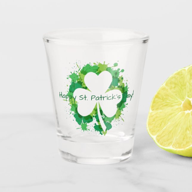 Transparent Shamrock with Green Paint Splatters Shot Glass (Front)