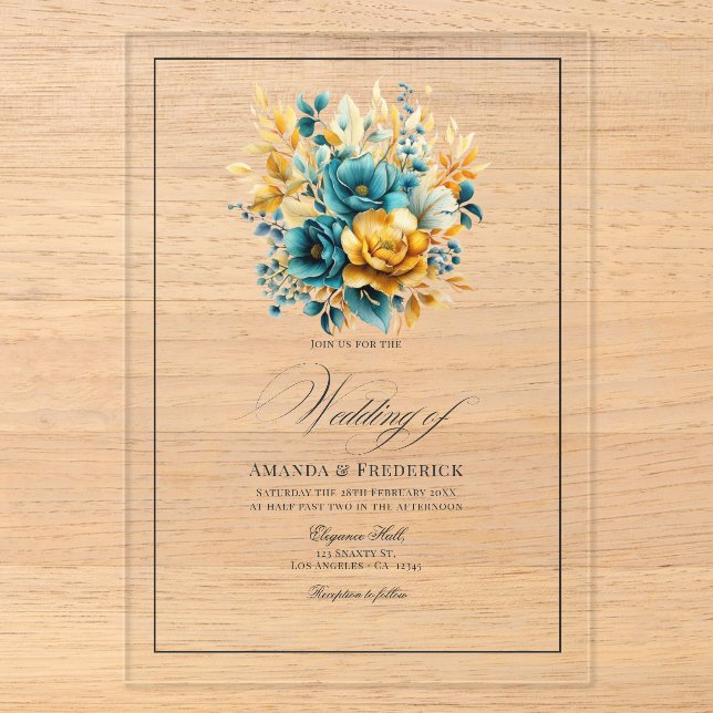 Transparent Teal and Gold Floral Wedding Acrylic Invitations (Front)