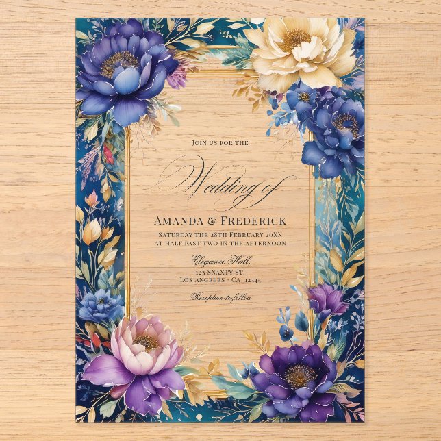 Transparent Teal, Purple, and Gold Floral Wedding Acrylic Invitations (Front)