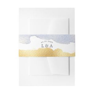 Transparent Watercolor Blue Gold Faux Foil Wedding Invitation Belly Band