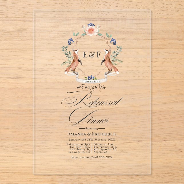 Transparent Whimsical Woodland Rehearsal Dinner Acrylic Invitations (Front)