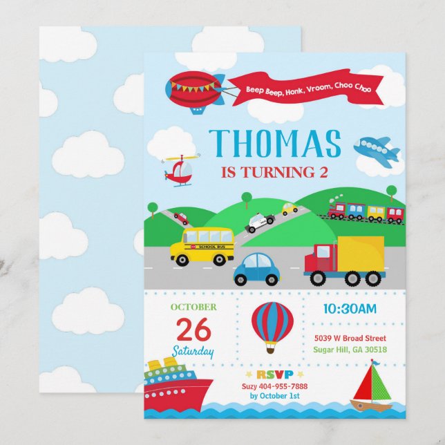 Transport Anniversaire Invitation Garçon (Devant / Derrière)