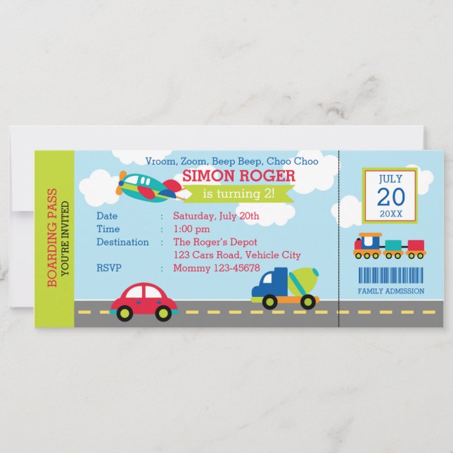 Transport Invitation Anniversaire Voiture Avion Ca (Devant)
