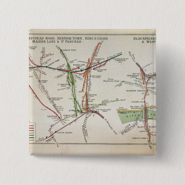 Transport map of London, c.1915 2 Inch Square Button (Front)