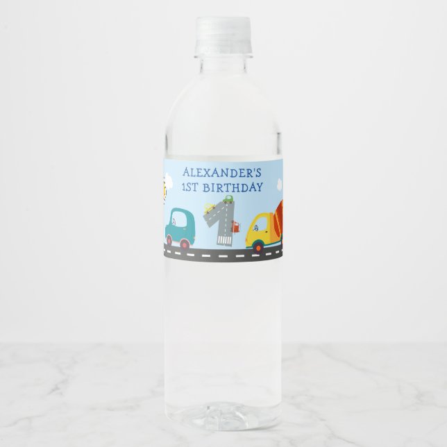 Transportation 1st Birthday Water Bottle Label (Front)
