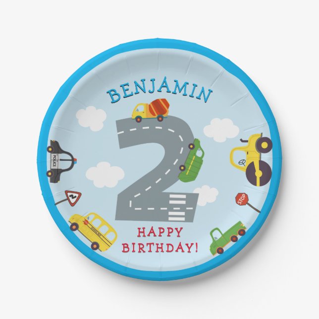 Transportation 2nd Birthday Paper Party Plate (Front)