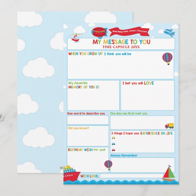 Transportation Activity Time Capsule Message Card  (Front/Back)