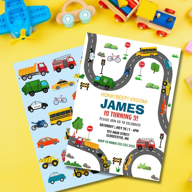  Transportation Birthday Invitation (Transportation birthday invitation with cars, trucks, buses, and airplanes)