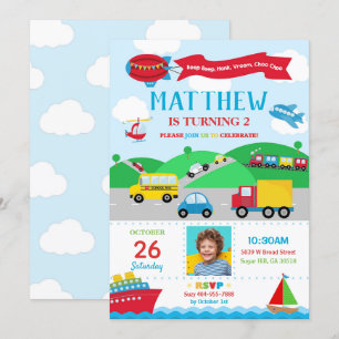 Transportation Birthday Photo Invitation Boy