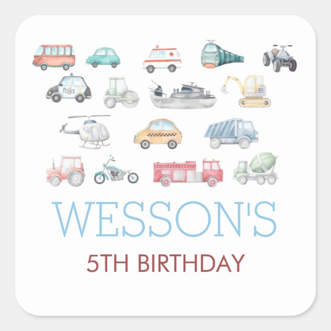 Transportation Birthday sticker, Classic Round Sti Square Sticker (Front)