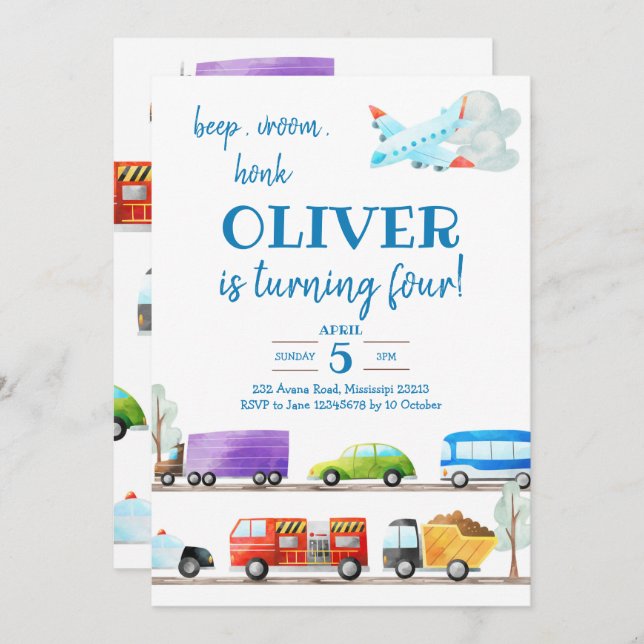 Transportation Boy Birthday Invitation (Front/Back)