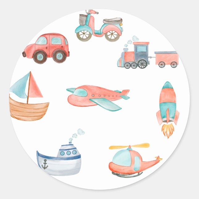 Transportation Boy Birthday Party Classic Round Sticker (Front)