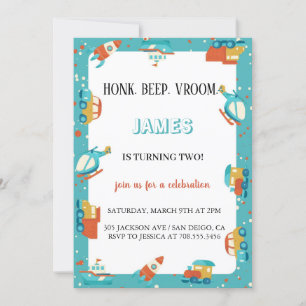 Transportation Cars and Trucks Boy Birthday Party Invitation