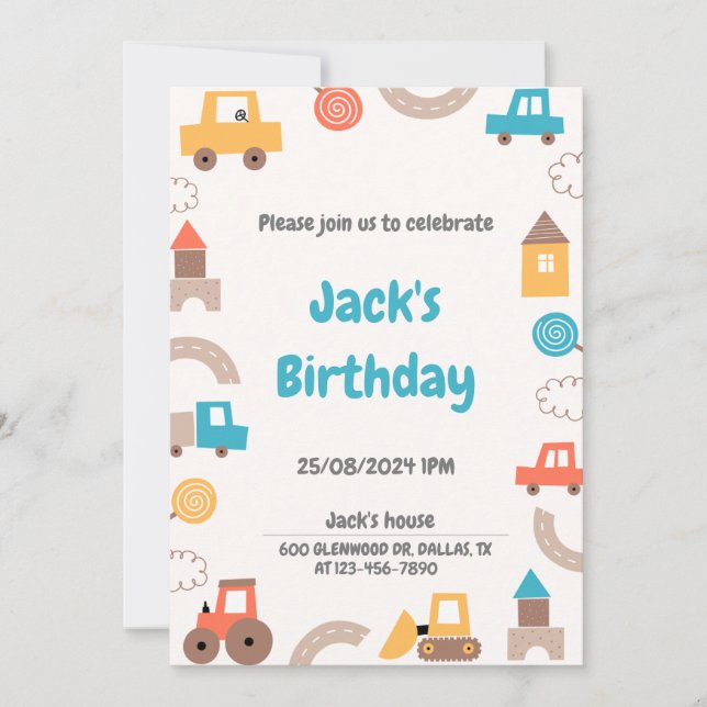Transportation Cars and Trucks Boy Birthday Party  Invitation (Front)