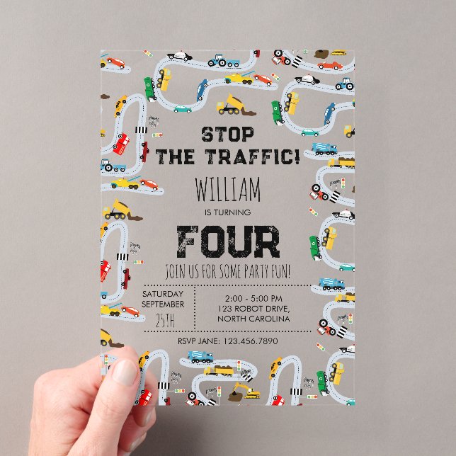 Transportation Cars Trucks Stop Traffic Birthday Acrylic Invitations (Insitu (Handheld))