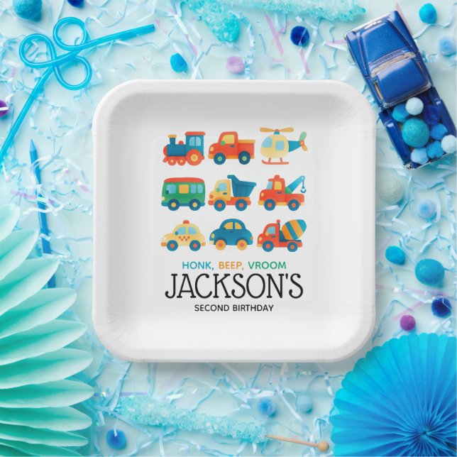 Transportation Cars Trucks Train First Birthday  Paper Plate (Party)