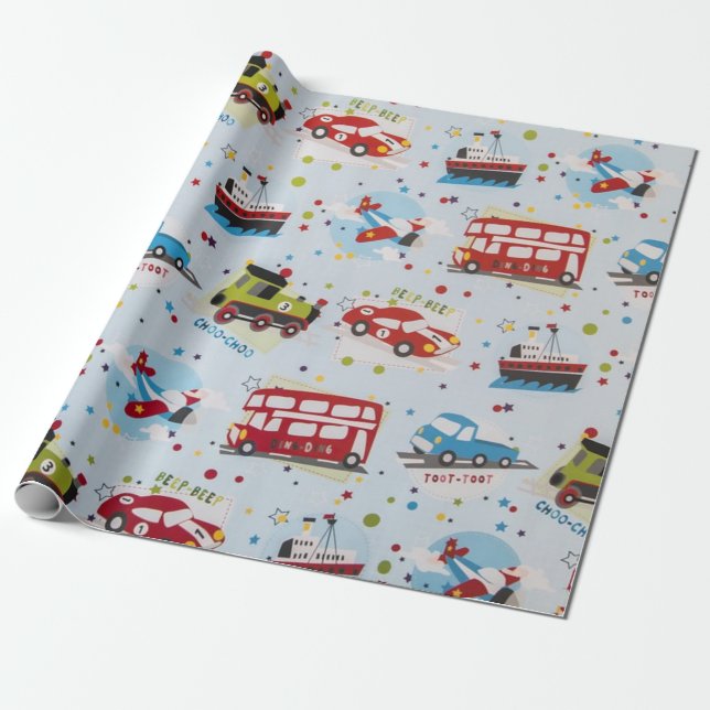 Transportation Cartoon Wrapping Paper (Unrolled)