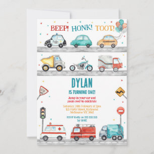 Transportation City Cars and Truck Boy Birthday Invitation