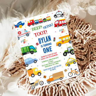 Transportation City Cars and Truck Boy Birthday Invitation