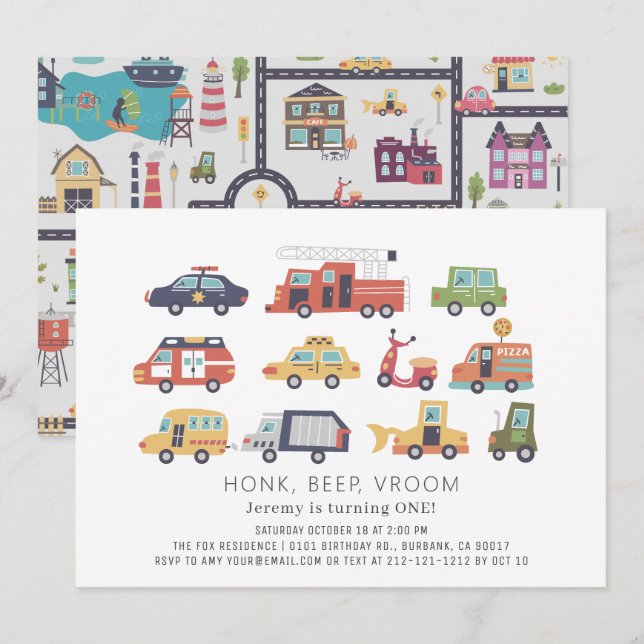 Transportation City Cars & Trucks 1st Birthday Invitation (Front/Back)