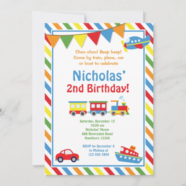Transportation Invitation / Train Birthday Invite (Front)