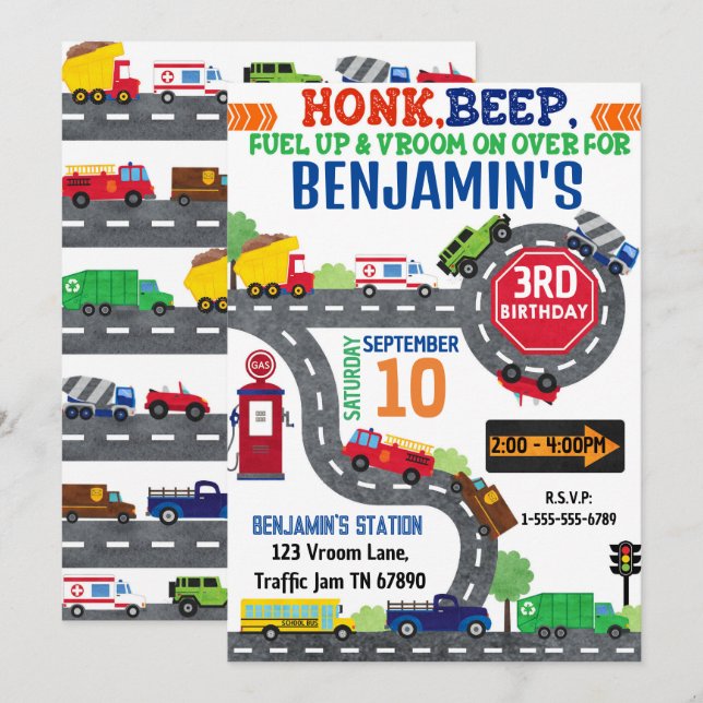 Transportation Theme  Birthday Party Invitation (Front/Back)