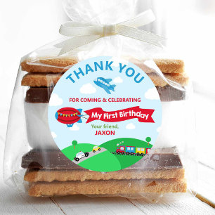 Transportation Trains 1st Birthday Thank You Favou Classic Round Sticker