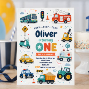 Transportation Truck Car First Birthday Invitation