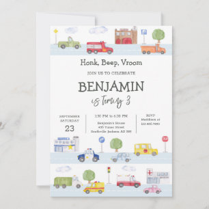 Transportation Vehicle Kids Birthday Invitation