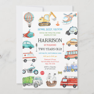 Transportation Vehicle Kids Birthday Invitation
